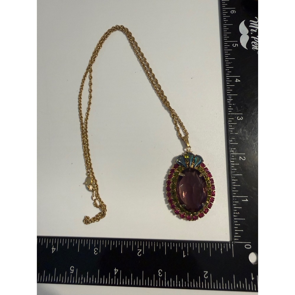 Vintage Coro Purple Glass Statement Pendant Necklace Pink Green Rhinestone Gold